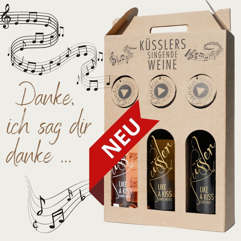 Singender Wein mit dem Danke-Song im 3er-Geschenkkarton