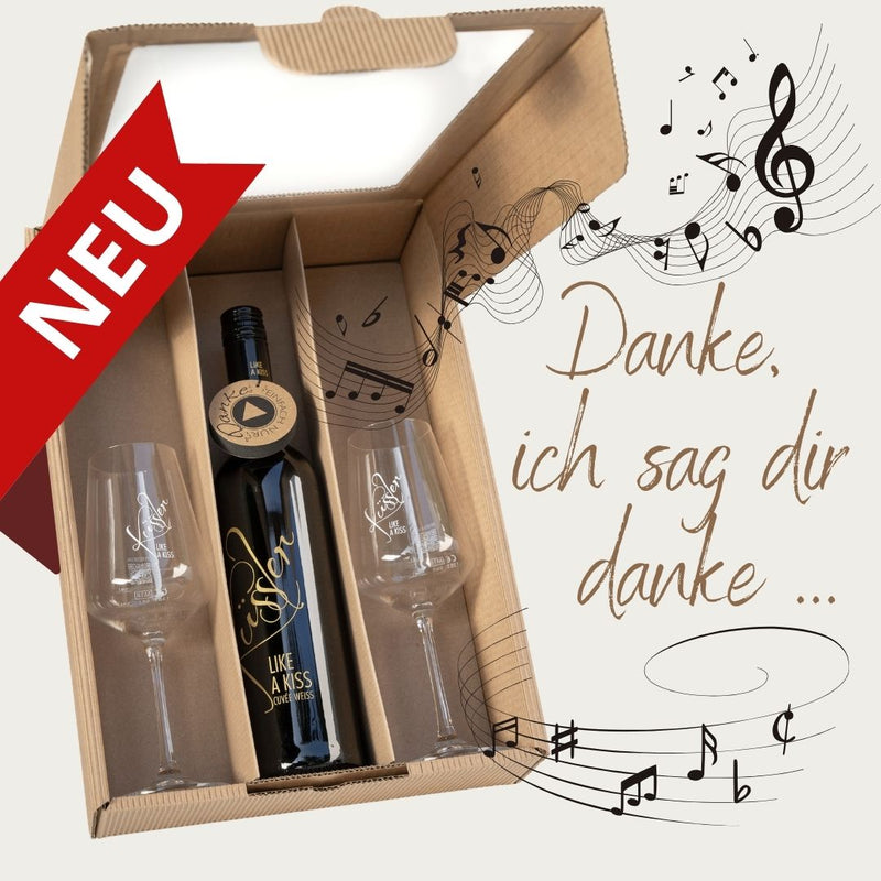 Singender Wein mit dem Danke-Song mit zwei Küssler-Gläsern im Geschenkkarton